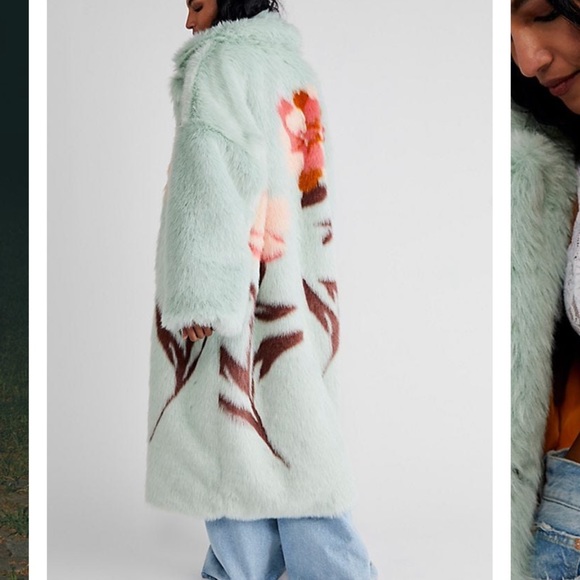 Free People Fluffy Flower Fur Long Duster Whimsical Pretty Coat L - Picture 3 of 11